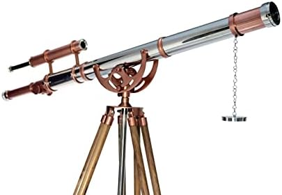 Royal Vintage Shiny Copper Chrome Telescope Double Barrel Teak Tripod