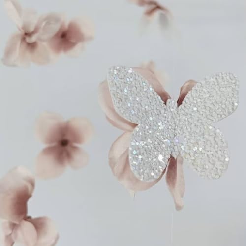 Modern Beige Butterfly Mobile 32 Inch Whimsical Flower Hanging Decor for Home