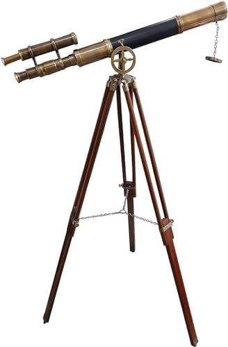 Nautical Black Leather and Brass Double Barrel Telescope with Wooden Tripod Stand