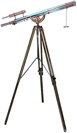 Royal Vintage Shiny Copper Chrome Telescope Double Barrel Teak Tripod