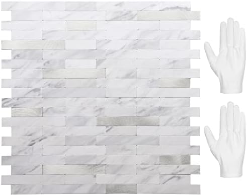 STICKGOO Peel and Stick Backsplash Tiles White Marble with Silver Metal 10 Sheets