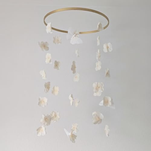 Modern Beige Butterfly Mobile 32 Inch Whimsical Flower Hanging Decor for Home