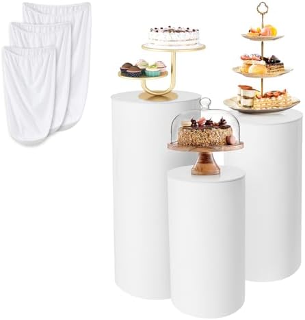 3Pcs White Cylinder Pedestal Stand with Spandex Covers for Parties and Events