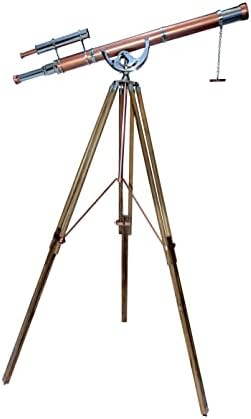 Nautical Vintage Brass Chrome Copper Double Barrel Telescope with Teak Tripod