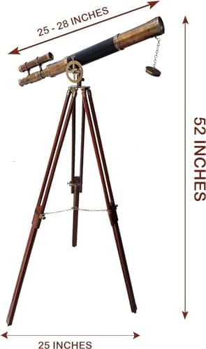 Nautical Black Leather and Brass Double Barrel Telescope with Wooden Tripod Stand