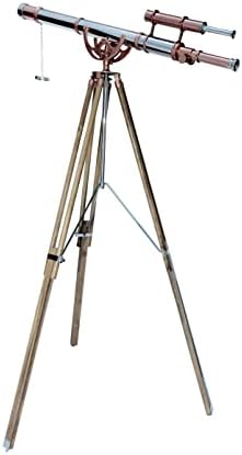Royal Vintage Shiny Copper Chrome Telescope Double Barrel Teak Tripod