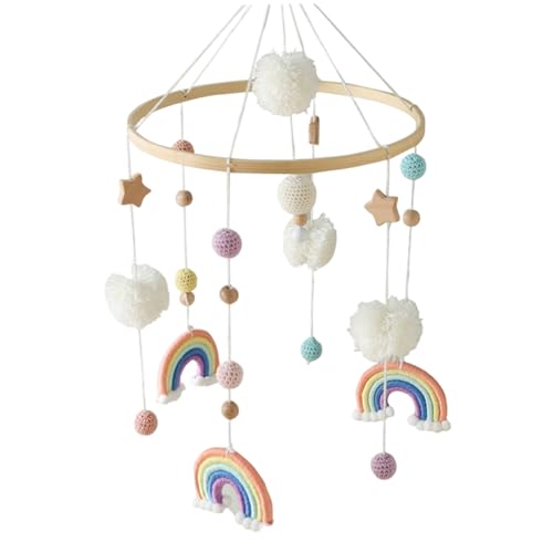 Bassinet Mobile with Bamboo Holder Rainbow Star Pompom Crochet Ball