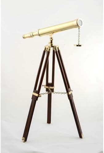 Brass Floor Telescope on Wooden Tripod - Antique Nautical Style