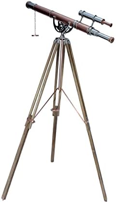 Nautical Vintage Brass Chrome Copper Double Barrel Telescope with Teak Tripod