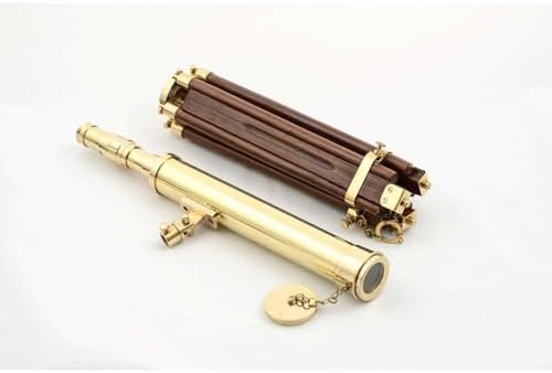 Brass Floor Telescope on Wooden Tripod - Antique Nautical Style