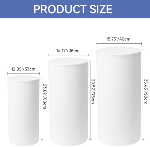 3Pcs White Cylinder Pedestal Stand with Spandex Covers for Parties and Events