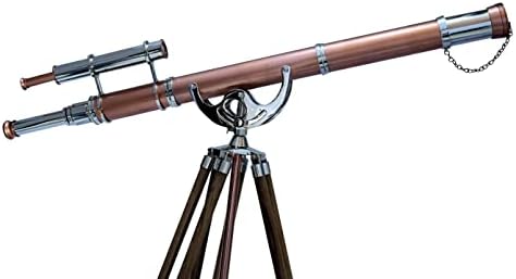 Nautical Vintage Brass Chrome Copper Double Barrel Telescope with Teak Tripod