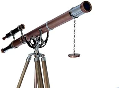 Nautical Vintage Brass Chrome Copper Double Barrel Telescope with Teak Tripod
