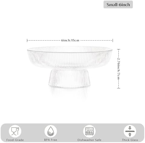 INSETLAN Clear Glass Fruit Bowl with Ribbed Design