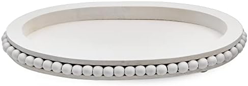 AuldHome Wood Beaded Tray White Decorative Oval
