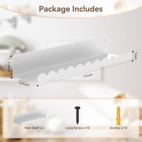 4 Pack White Floating Shelves for Kids Room Wall Decor