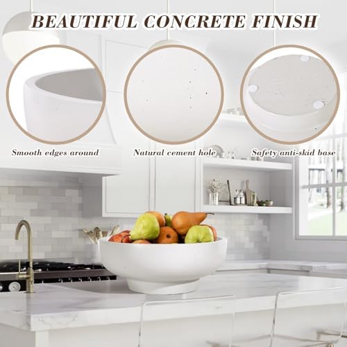 Large Concrete Fruit Bowl - Modern Decorative Centerpiece with Non-Slip Pads LightGray