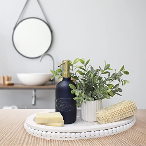 AuldHome Wood Beaded Tray White Decorative Oval