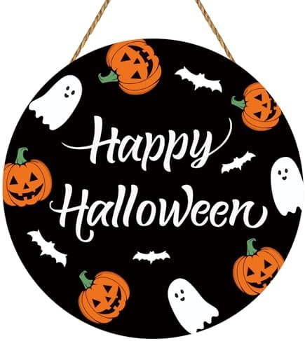 Cute Halloween Wreath with Ghosts Pumpkins Bats Hanging Sign