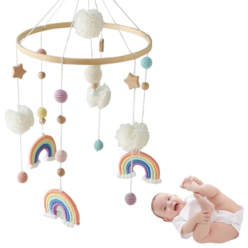 Bassinet Mobile with Bamboo Holder Rainbow Star Pompom Crochet Ball