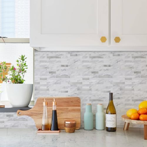 STICKGOO Peel and Stick Backsplash Tiles White Marble with Silver Metal 10 Sheets