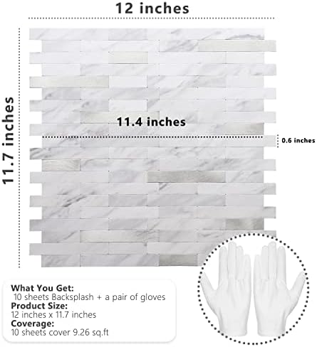 STICKGOO Peel and Stick Backsplash Tiles White Marble with Silver Metal 10 Sheets