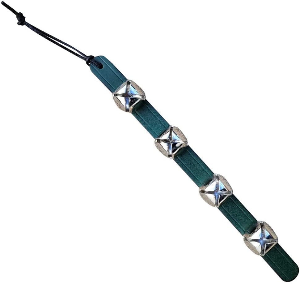 RRD Hanging Sleigh Bells for Door - Silver Christmas Bell with Green Leather Strap