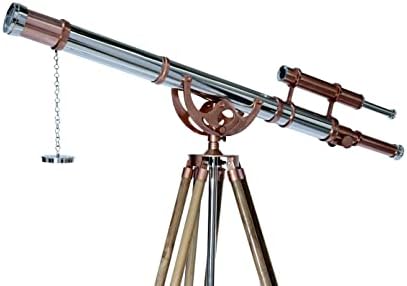 Royal Vintage Shiny Copper Chrome Telescope Double Barrel Teak Tripod