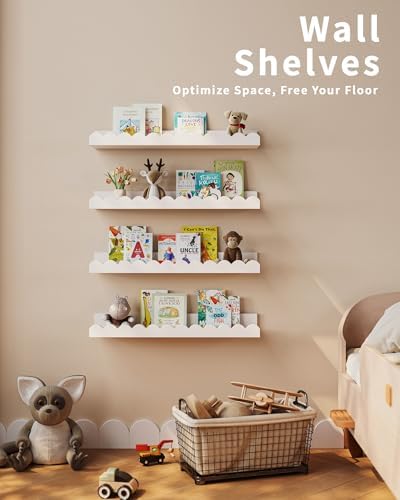 Shario 4-Pack White Floating Book Shelves for Kids Room