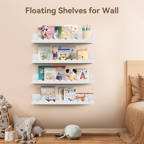 4 Pack White Floating Shelves for Kids Room Wall Decor