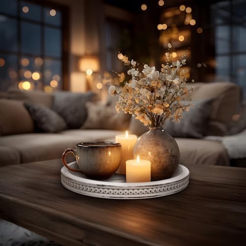 CEDARLUX Wooden Round Decorative Tray - Modern Farmhouse White Coffee Table Serving Tray