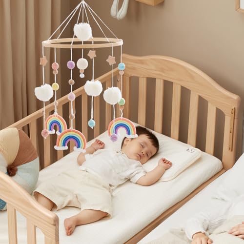 Bassinet Mobile with Bamboo Holder Rainbow Star Pompom Crochet Ball