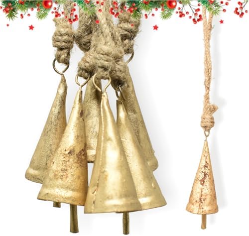 Christmas Bells Set of 6 Rustic Cow Bells with Jute Rope