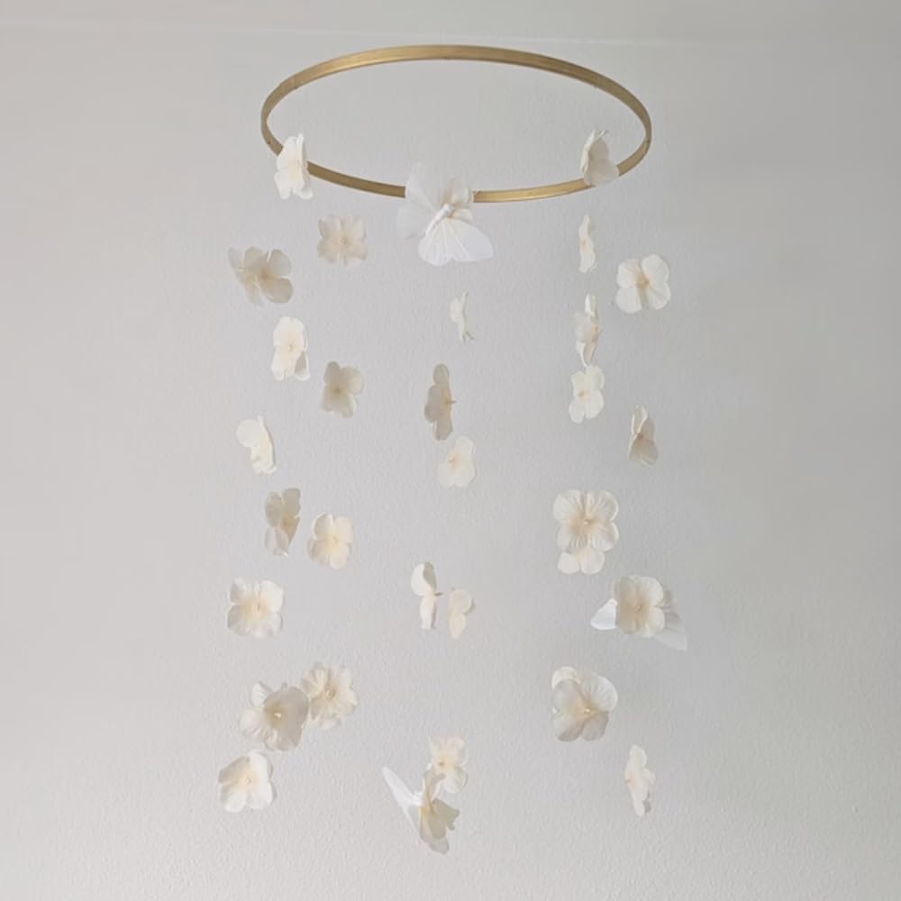 Modern Beige Butterfly Mobile 32 Inch Whimsical Flower Hanging Decor for Home
