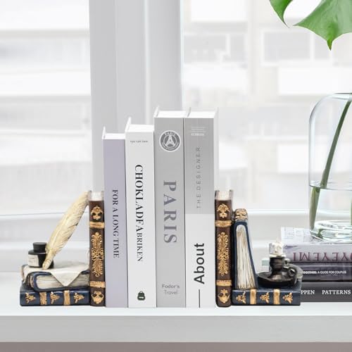 Vintage L Shaped Bookends with Feather Quill and Oil Lamp Design