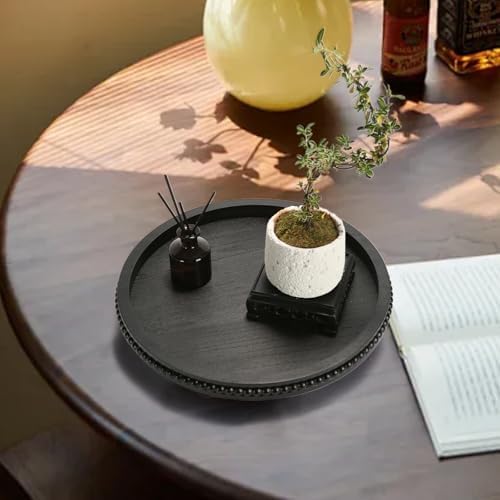 Round Black Wooden Beaded Decor Tray for Coffee Table
