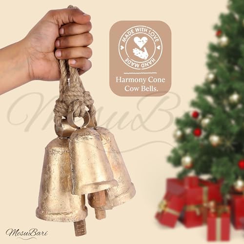 Set of 3 Vintage Brass Cone Cow Bells with Rustic Design