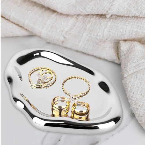 CHENDECOR Silver Ceramic Vanity Tray Decorative Organizer