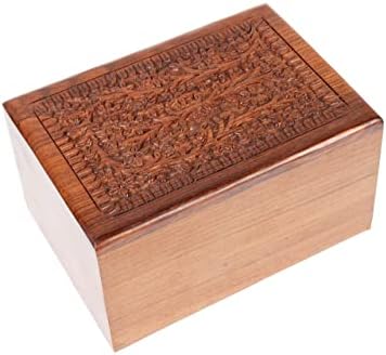 Hand Carved Wooden Urn Box - Cremation Urn for Human Ashes 7x5 Inch