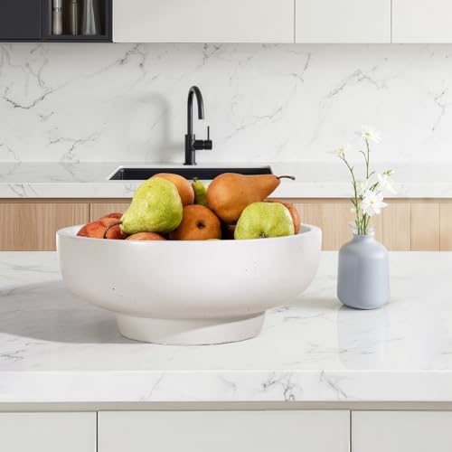 Large Concrete Fruit Bowl - Modern Decorative Centerpiece with Non-Slip Pads LightGray