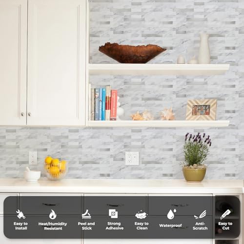 STICKGOO Peel and Stick Backsplash Tiles White Marble with Silver Metal 10 Sheets