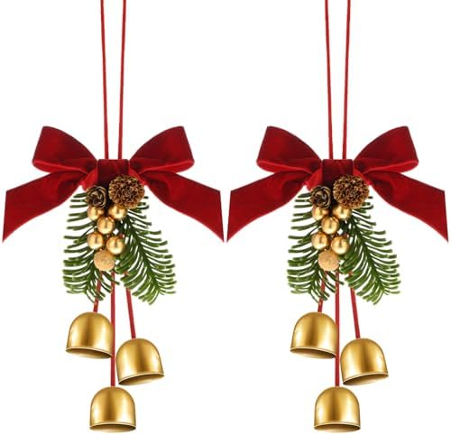 2 Pcs Christmas Wreath Bows with Jingle Bells and Pinecone Tree Topper Decor