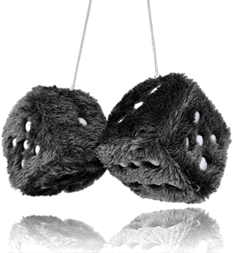 Pair 3 Inch Black with White Dots Mirror Fuzzy Dice