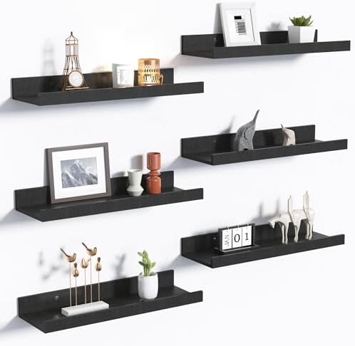 Upsimples Floating Shelves Set of 6 Black Wall Mounted Wood Shelves for Decor