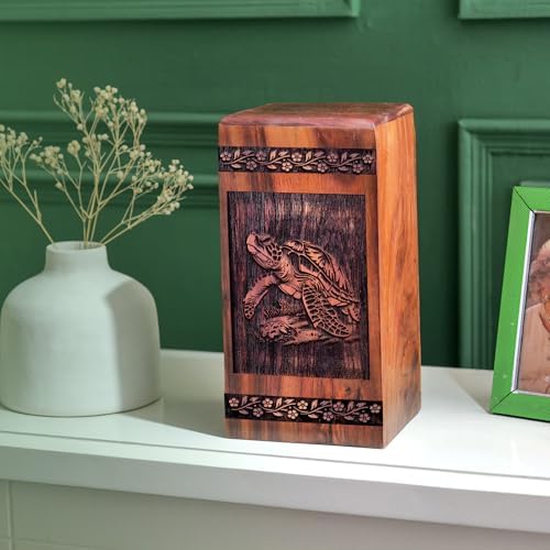 Turtle Wooden Cremation Urn for Human Ashes - 10 Inch Large