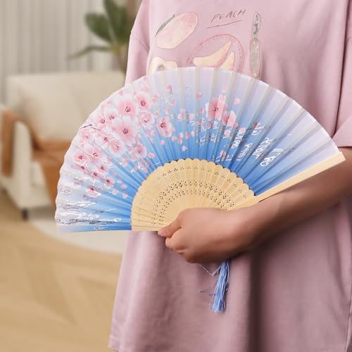 4 Pack Decorative Silk Bamboo Fans with Flower Patterns for Line Dancing and Home Decor