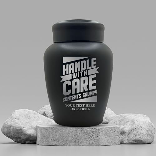 Personalized Human Cremation Urn For Adult Ashes - Engraved Stainless Steel Urn with Funny Handle and Grumpy Design