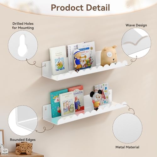 4 Pack White Floating Shelves for Kids Room Wall Decor
