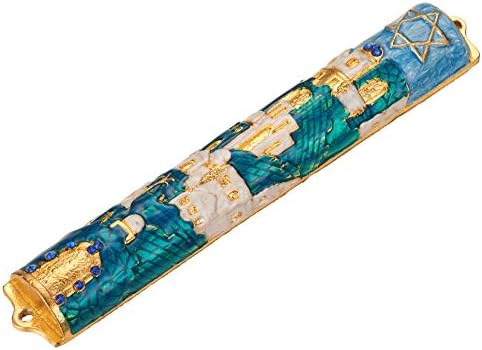 Matashi Jerusalem Cityscape Mezuzah with Gold Accents and Star of David Crystals