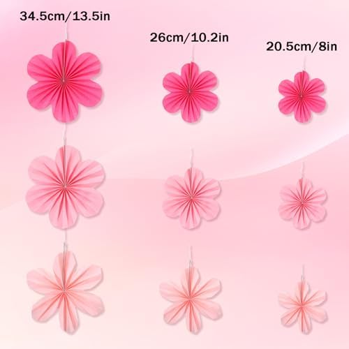 9 Pcs Pink Paper Fans for Party Decor and Wall Hanging